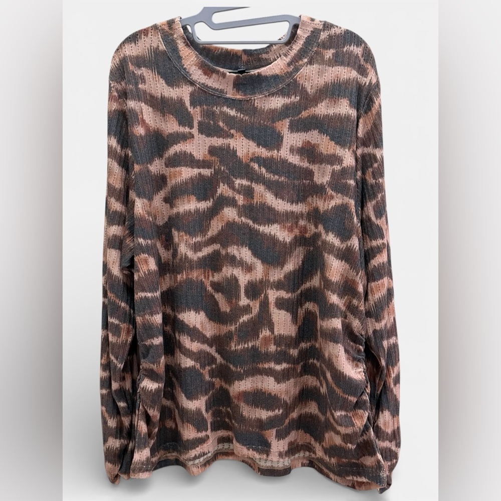 NWT Democracy Abstract Brown Ruched Long Sleeve Knit Tunic Top Women’s Plus 3X